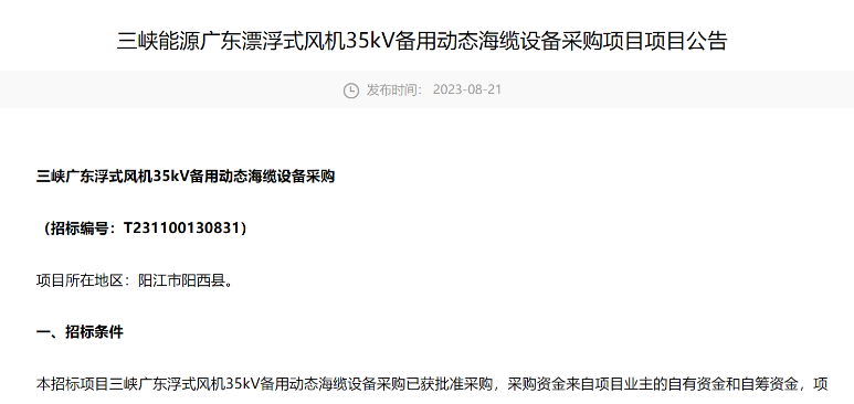 三峡能源广东漂浮式风机35kV备用动态海缆设备采购招标
